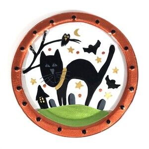 Large Halloween Black Cat Glass Platter Plate Artist Fused Painted Glass 14" EUC
